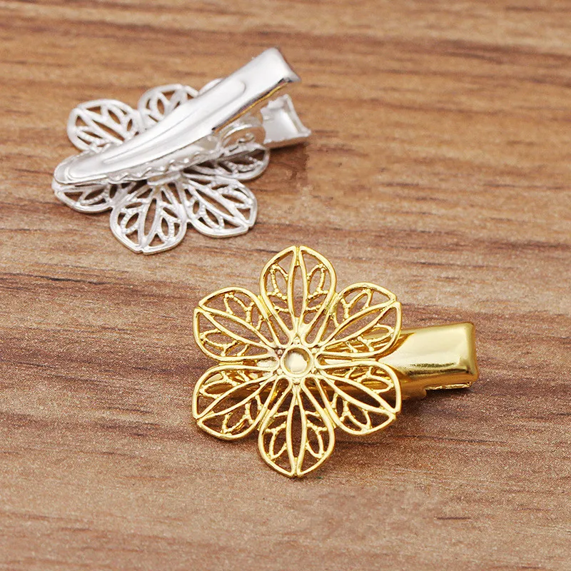 

50 PCS 22mm Metal Brass Filigree Flowers Hair Clips Settings DIY Hair Accessories Duckbill Clip For Jewelry Making