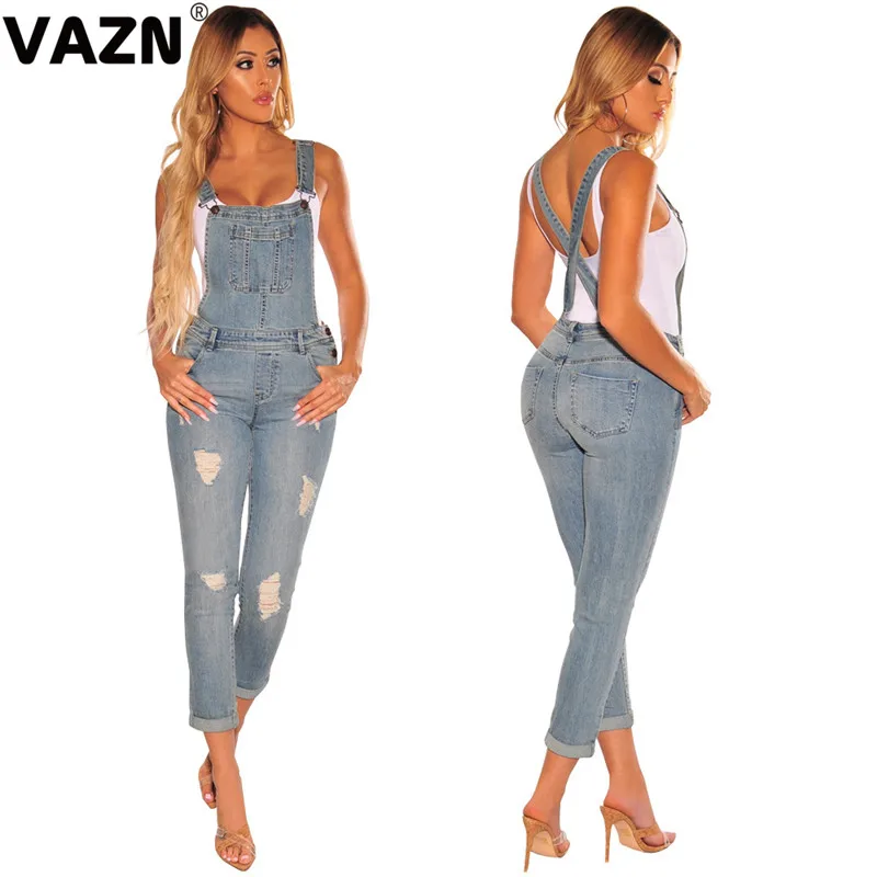 light blue VAZN GHSF19249 Модные женские Мешковатые из джинсовой ткани джинсы нагрудник полная длина крутой комбинезон однотонный Свободный Повседневный комбинезон брюки - Цвет: light blue