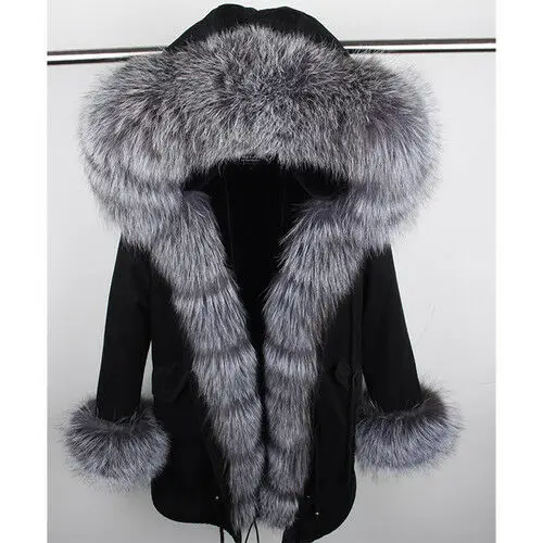 Black2 With Fur Cuff Лидер продаж Женская натуральный мех лисы парка пальто куртка с капюшоном Подкладка из кроличьего меха Рекс пальто - Цвет: Black2 With Fur Cuff
