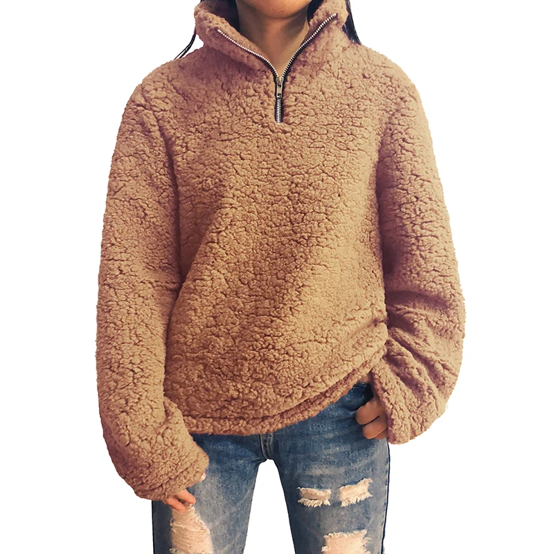 Осенние женские меховые флисовые толстовки пальто с длинным рукавом и воротником-стойкой на молнии пуловеры меховые куртки Теплые повседневные толстовки Верхняя одежда