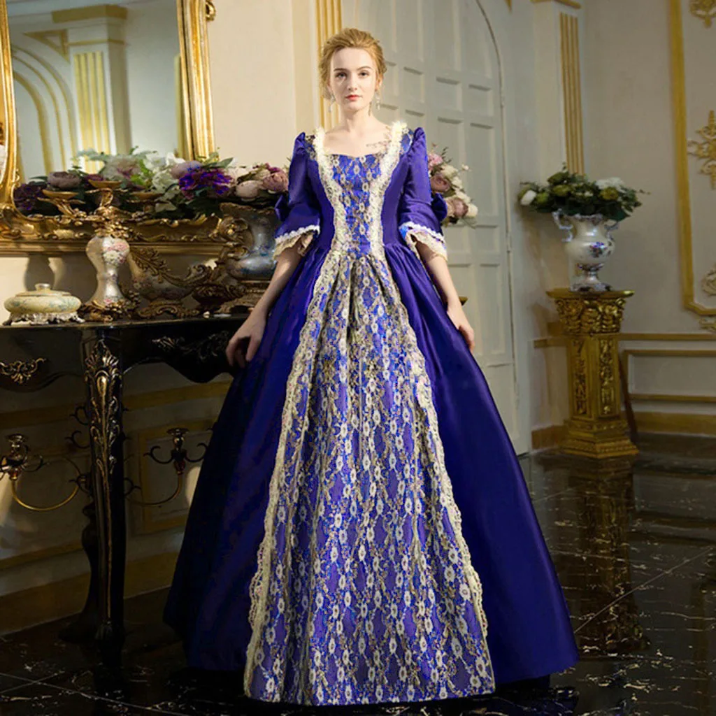 18th Century Medieval Dress Women High Waist Half Sleeve Ball Gowns Princess Lace Patchwork Satin Dress Queen Renaissance Costum