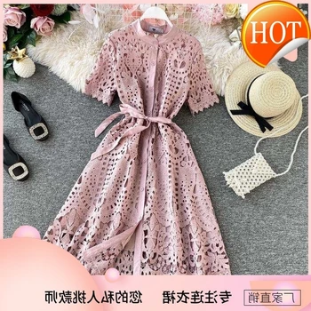 

Spring Women Dress Temperament Fashion Sexy Standing Colla Short Sleeve Single Breasted Vestidos Closed Waist Sweet Sexy Dress