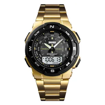SKMEI-reloj de cuarzo con correa de acero inoxidable, Digital, LED, 50m, impermeable, informal, reloj de pulsera deportivo, modelos