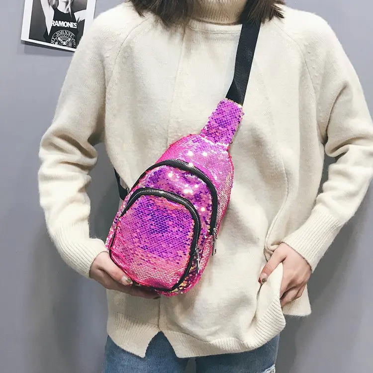 

Colored Sequins Chest Bag Women's 2019 Spring New Fashion Tidal Current Shiny Oblique Multi-functional Small Bag