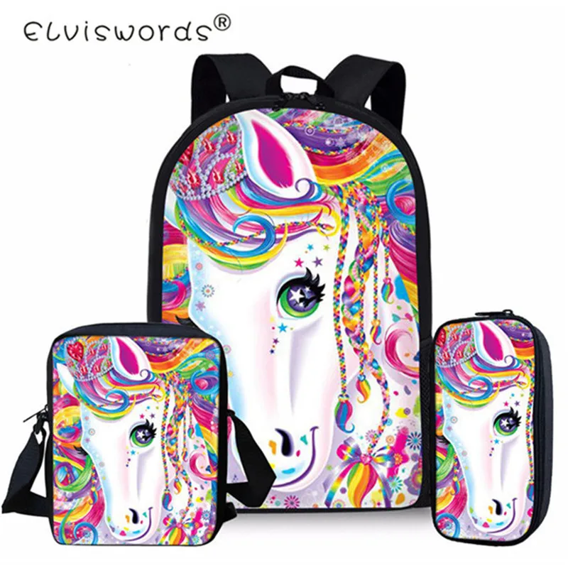 

ELVISWORDS Unicorn School Bags For Girl 3PC/Set Kids Schoolbag Book Backpacks Primary Students Cartable Fille Mochila Satchel