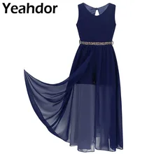 Шифоновое платье в пол с цветочным узором для девочек; платье принцессы без рукавов с v-образным вырезом; Платье-комбинезон; стразы; пояс для школьной танцев