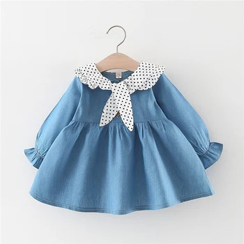 

Autumn Baby Girl Dress 0-3T Toddler Baby Clothes Children Simple Style Dot Print Girls Imitation Denim Dress Long Sleeve New