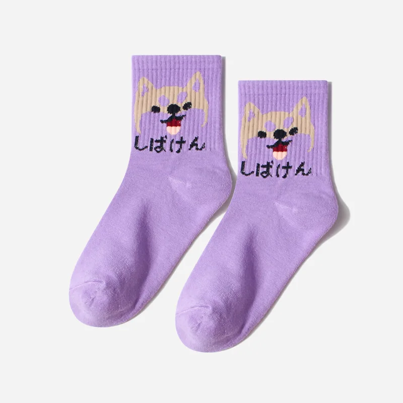 Белые женские носки с милым принтом рождественские забавные Женские носочки счастливые теплые носки для зимы с надписями женские художественные Harajuku FENNASI - Цвет: Purple-Puppy