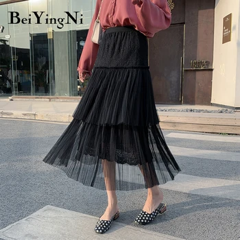 

Beiyingni Vintage Mesh Patchwork Korean Irregular Tutu Skirts Womens Lace Embroidery Skirt Elegant Long Chic Midi Faldas Mujer