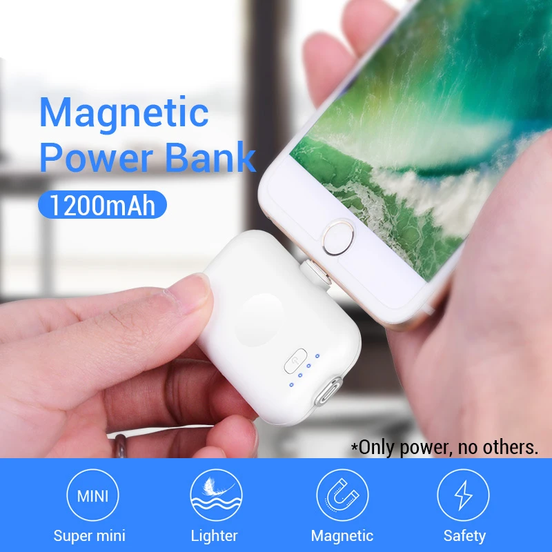 Магнитный внешний аккумулятор для iPhone Micro usb type C 1200 мАч, мини-магнитный внешний аккумулятор для iPhone iPad Xiaomi huawei Phone