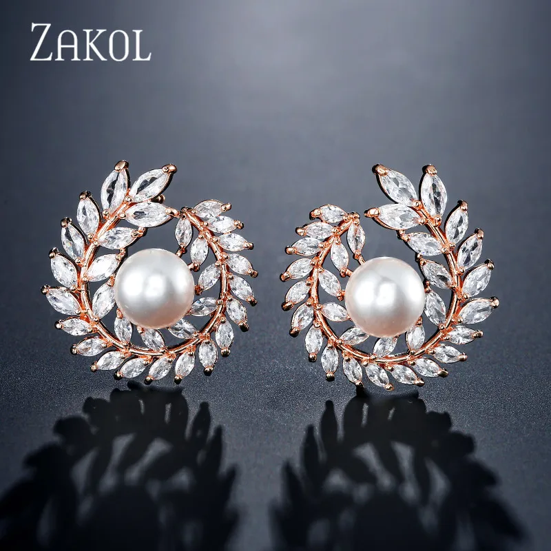 Rose Gold Color ZAKOL роскошные свадебные серьги-гвоздики с искусственным жемчугом с кубическим цирконием для женщин модные свадебные украшения в виде листьев FSEP2358 - Окраска металла: Rose Gold Color