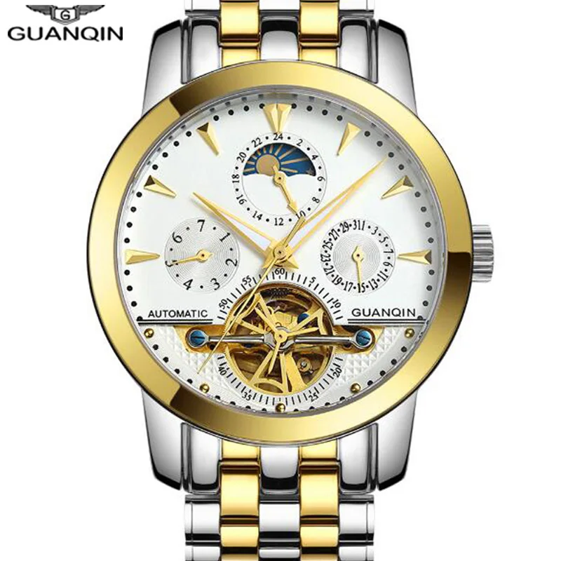GUANQIN Роскошные мужские часы Автоматические Турбийон Механические часы Высокое качество сапфир Водонепроницаемые 100 м мужские часы
