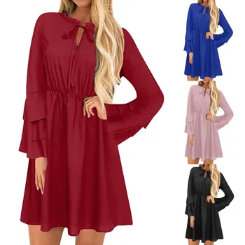 

Dress Women Mini Dress платье Spring Solid Ruffle Ruched O Neck Bow Long Sleeve Casual Loose Flowy Party Dress Free Ship