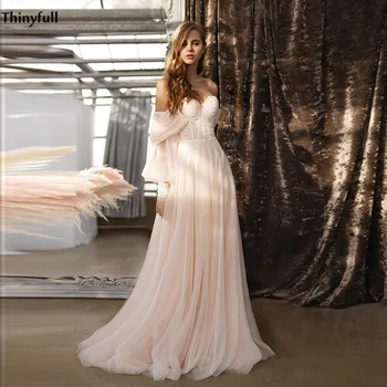 

Thinyfull Blush Off Shoudler Country Wedding Dresses WIth Full Sleeves Lace Appliques Bohemian A-Line Beach Bridal Gowns Vestido
