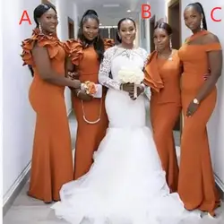 3 Styles  African Mermaid Long Bridesmaid Dresses Ruffles Straps Satin Plus Size Wedding Guest Gowns Maid Of Honor Dresses