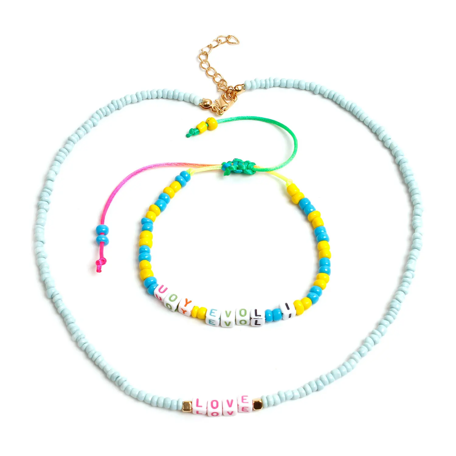 

2 Pcs/ Set New Handmade Colorful Rope Beads Necklace Women Love Letter Acrylic Adjustable Chain Bracelet Jewelry Set
