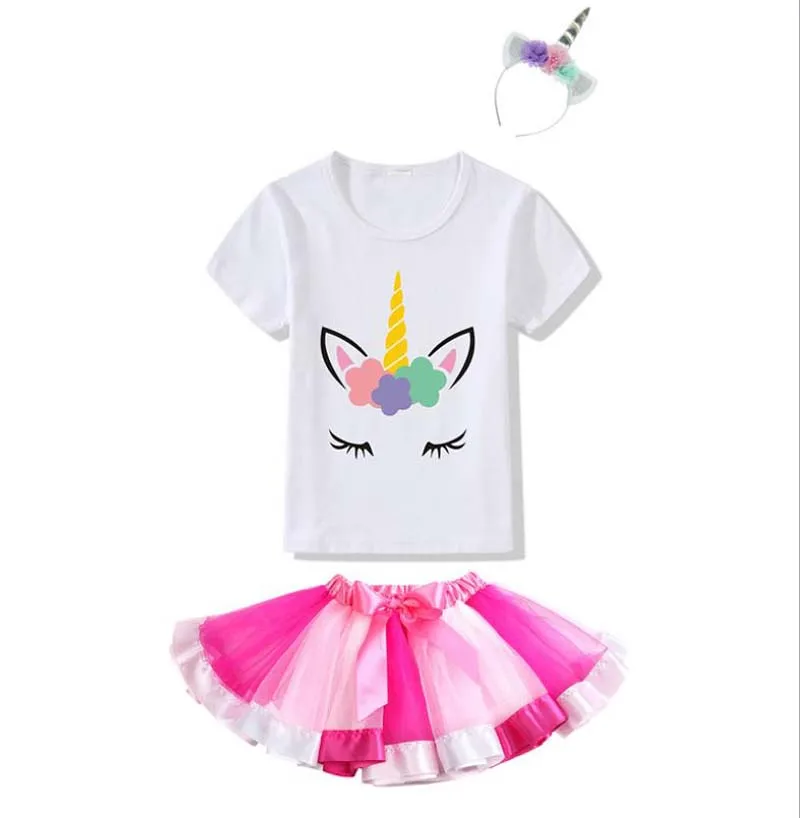 

Baby Girls Rainbow Unicorn Clothing Children 3pc Girls Boutique Clothes Sets Kids Outfits hairband+Tops+Rainbow Skirts Clothes