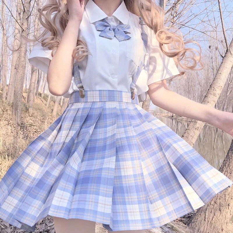 Japanese School Girl Uniform Pleated Mini Skirt High Waist A-Line Plaid Sexy JK Uniforms for Woman Full Set | Тематическая одежда