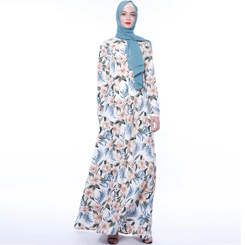 Abayas женская мусульманская одежда с цветочным принтом модные бандажные платья Хиджаб Макси мусульманское платье Бангладеш Кафтан Дубай, Турция Халат - Цвет: Белый