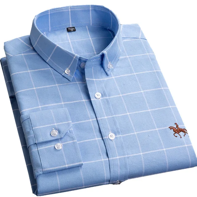 100% Cotton Oxford Plaid Solid Color Striped Shirt Tops Casual Long Sleeve Shirt Slim Fit Shirt Men Camisa Social Korean Clothes 11