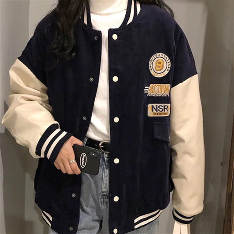 Contrasting Color Stitching Baseball Uniform Women Couple Students 2021 Spring Autumn New Retro Jacket Corduroy Coat Tide 31