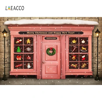 

Laeacco Christmas Shop Photophone Showcase Window Door Streetlight Snow Photography Backdrop Photo Background New Year Photocall