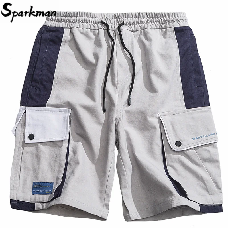 Хип-хоп карго шорты с карманами для мужчин Harajuku трико для мужчин короткие уличная Цвет Блок Лоскутная Летняя короткая хлопковая толстовка