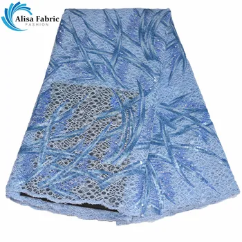 

African Sequins Lace Fabrics 5 Yards/pcs Sky Blue Design French Mesh Lace Fabrics With Embroidery Lace And Beads For Prom dress
