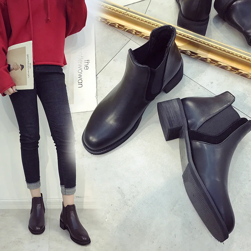 

Round Toe Fashion PU Retro Women Ankle Boots Med Platform Solid Vintage Chelsea Boots Square Heel Casual Slip-On Big Size Shoes