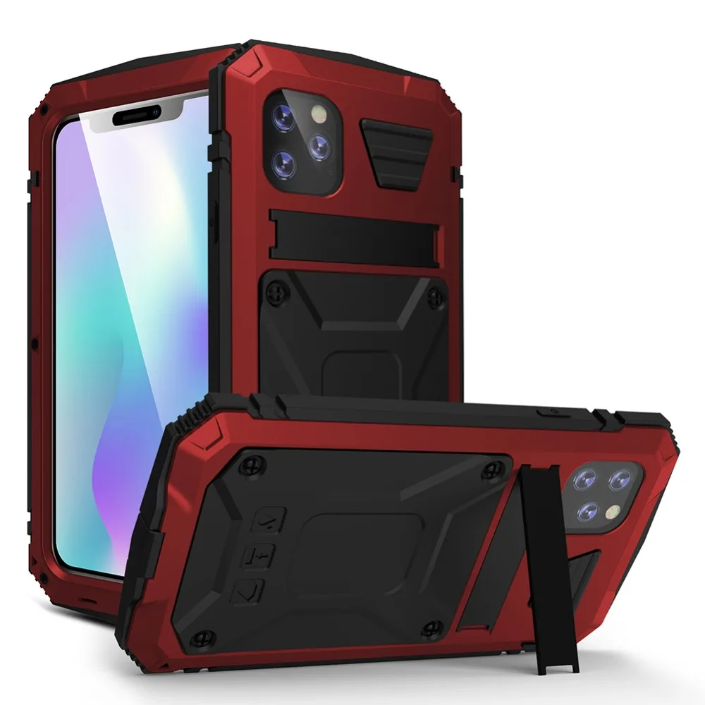 For iPhone 11 Pro Max XS XR XS Max X Metal Aluminum Armor Shockproof Heavy Duty Waterproof Case protective Cover+Tempered glass (10)