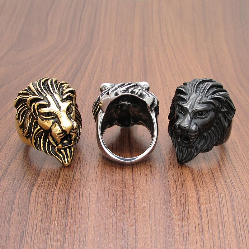 Punk 316L Stainless Steel Silver Color Gold Black Plated King Lion Head Ring Jewelry 2