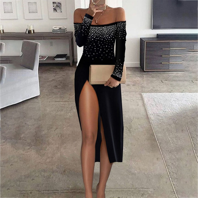 Autumn Women Sexy Rhinestone Strapless Long Sleeve Bright Slim Split Skirt Dress Party Bare Legged Dinner Dress Diamond
