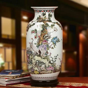 

ANTIQUE ENAMEL JINGDEZHEN LARGE-DECORATIVE-FLOOR-VASES COLORED ENAMEL RED-CROWNED CRANE DECORATES SITTING ROOM VASE