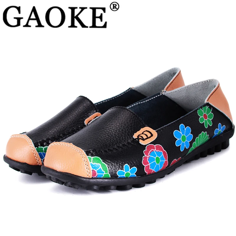 

Women Casual Genuine Leather Boat Comfortable Soft Flat Ventilation Fashion Printing Flat Slip On Shoes Loafers