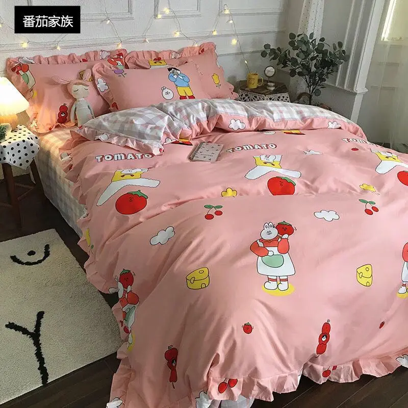 Four-piece set on a lotus leaf bed Korean style fragrant taro purple grid soft small fragrant style bed sheet three-piece set 
