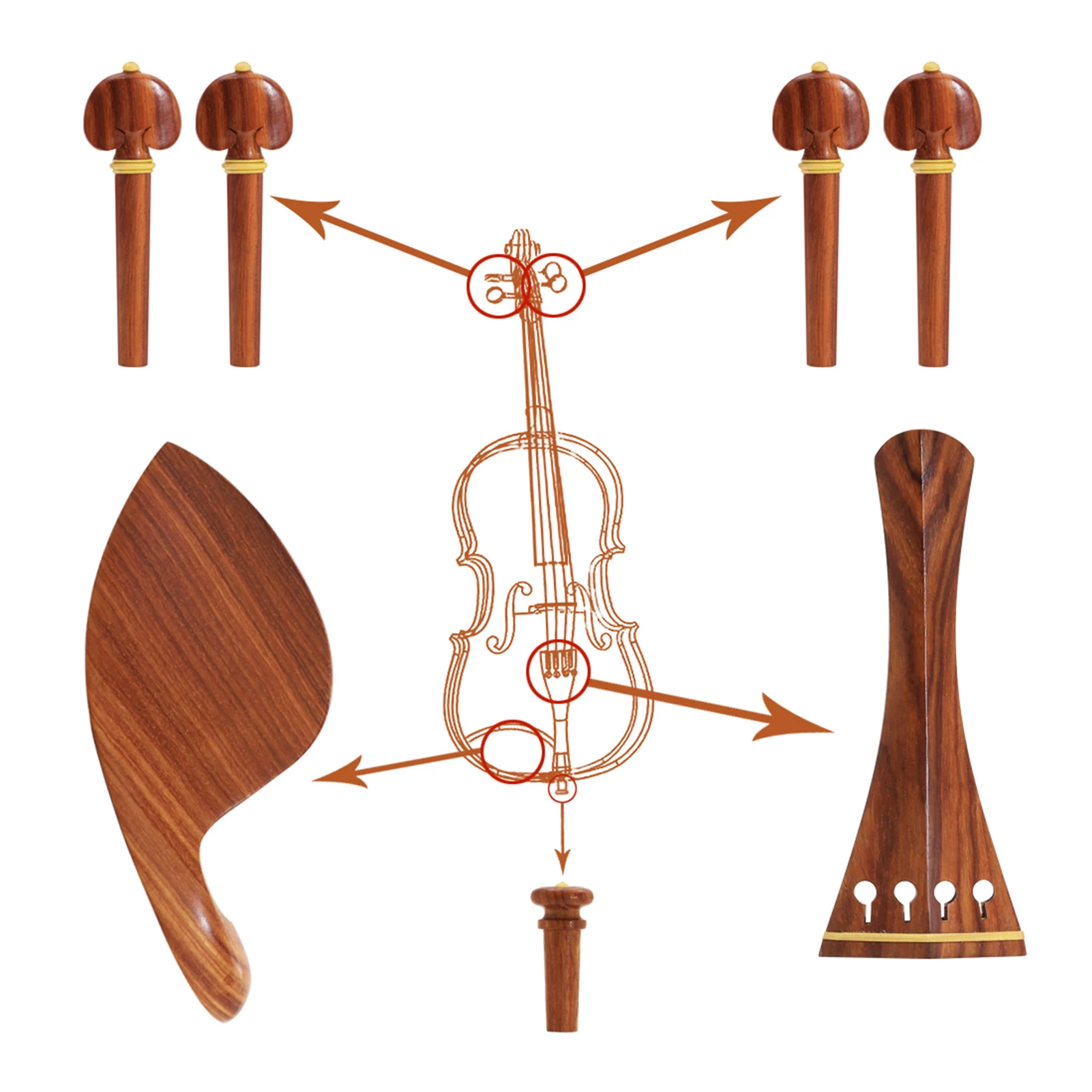 4/4 Violin Accessory Parts Set Red Solid Wood Tailpiece Chin Rest End Pin Tuning Pegs