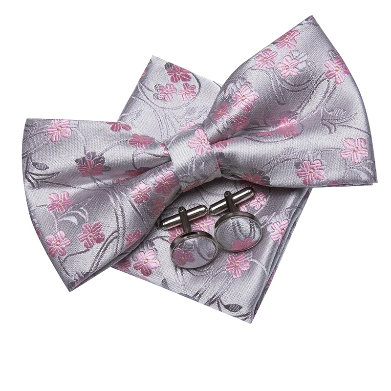 LH-736 Hi-Tie Классический мужской свадебный галстук-бабочка для мужчин модный серебряный розовый цветочный галстук-бабочка платок запонки набор шелковый галстук