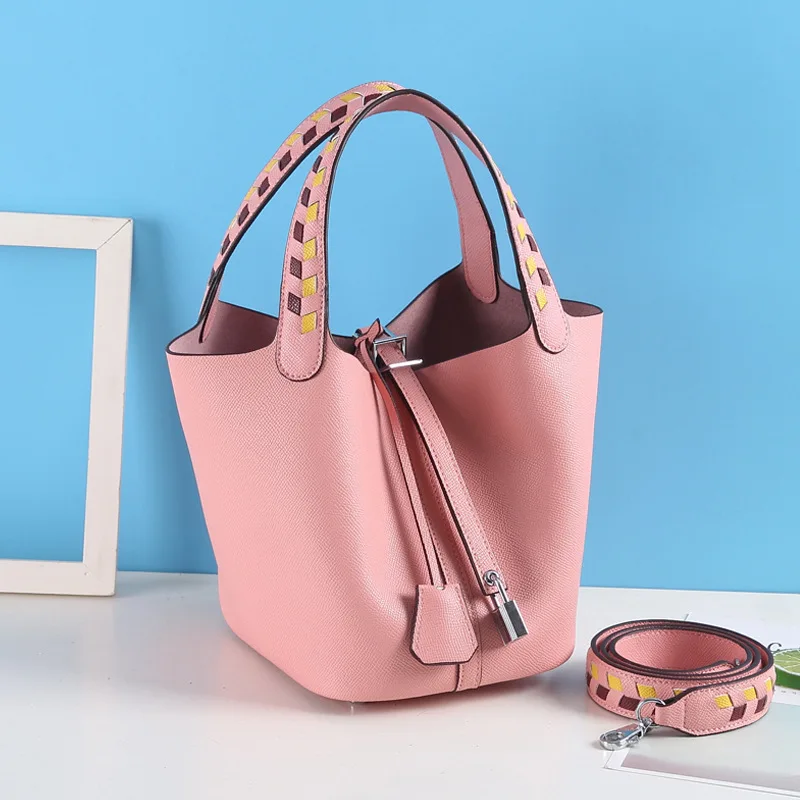 

2019 New Style Hand Rub Pattern Genuine Leather Vegetable Basket Bag Hand Shoulder Mixed Colors WOMEN'S Bag Fashion Full-grain L
