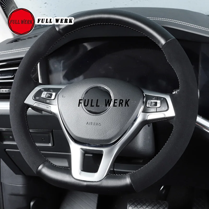 

1 Piece Fleece Leather Car Steering Wheel Cover Hand Sewing Wrap Protector for Touareg 19 Interior Accessories Non-slip Black