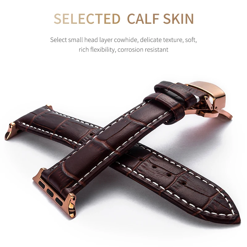 Leather strap for apple watch 5 4 band correa applewatch 44mm 40mm 42mm 38mm iwatch 5 4 3 2 1 Butterfly buckle bracelet