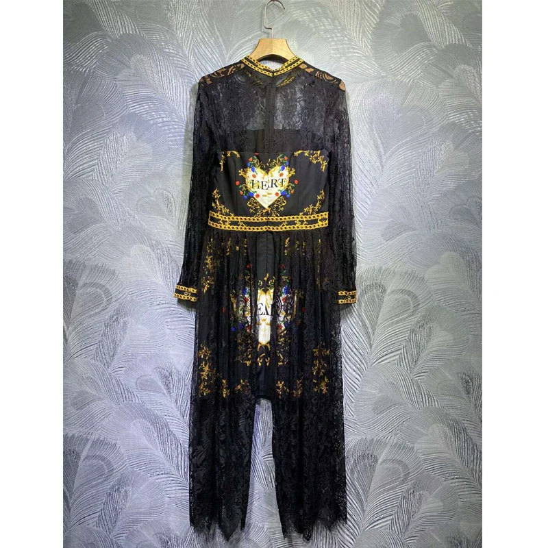 SEQINYY Black Vintage Dress Flower Letter Beading Crystal High Quality 2020 Summer Spring New Fashion Runway Design Lace Elegant