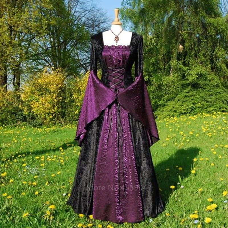 Halloween Costumes for Women Adult Medieval Cosplay Vintage Court Victoria Renaissance Dress Carnival Party Performance Clothing - Color: Purple