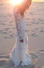 

2019 Lace Beach Wedding Dress With Long Sleeves Low Back Silk Chiffon Train Boho Vintage Bride Dress Custom Made CH-168