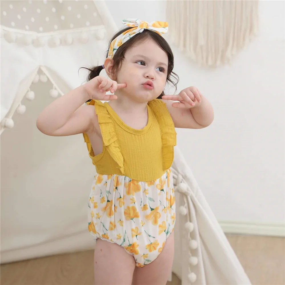 

Baby Girls Romper Summer Infant Newborn Sleeveless Girl Print One-piece Bodysuit Baby Cotton Linen Patchwork Clothes Outfits H45