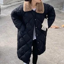 

Ladies Cotton Padded Jacket Winter Women's New Korean Fashion Rhombus Mid-length Fur Collar Parkas Mujer Manteau Femme Hiver