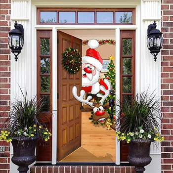 

Wall Sticker Christmas Santa Claus Elk Door Cover Holiday Decoration Decals Self Christmas Door Stickers Decoration Deursticker