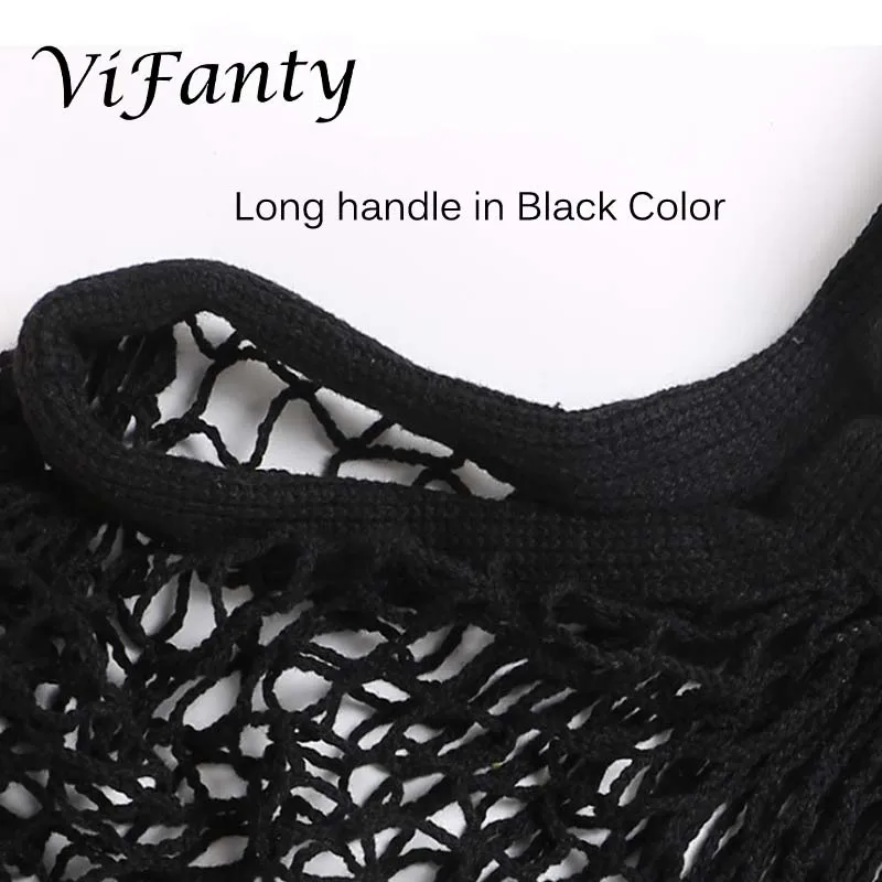 Black-Long handle Сетчатая Сумка для покупок, хлопковый рынок, многоразовая сетчатая хозяйственная сумка с длинными ручками, моющаяся сетка для фруктов и овощей - Цвет: Black-Long handle