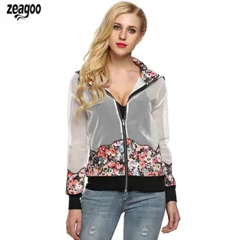 

Women Plus Size Hooded Coat Zipper Long Sleeve Patchwork Floral Sexy Hollow Out Net Coat Thin Summer Spring Outwear Top