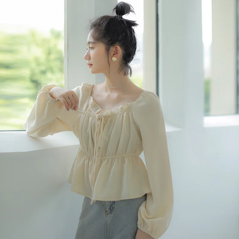 

2020 Early Autumn INS Korean Series Sweet Frilled Square Collar Lace-up Lantern Sleeve Waist Hugging Long-sleeved Shirt Female C