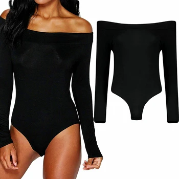 

Sexy Women's Ladies Off Shoulder Long Sleeve Slash Neck Skinny Bodysuit Leotard Top Plain Stretch